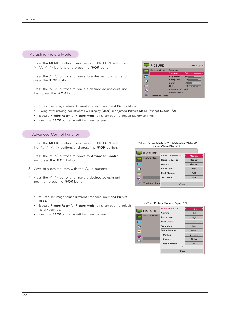 Adjusting picture mode, Advanced control function | LG CF3D User Manual | Page 22 / 40