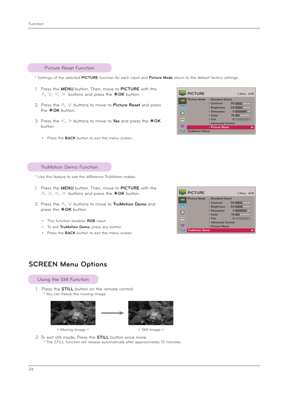 Picture reset function, Trumotion demo function, Screen menu options | Using the still function, Trumotion demo function picture reset function | LG CF3D User Manual | Page 24 / 40