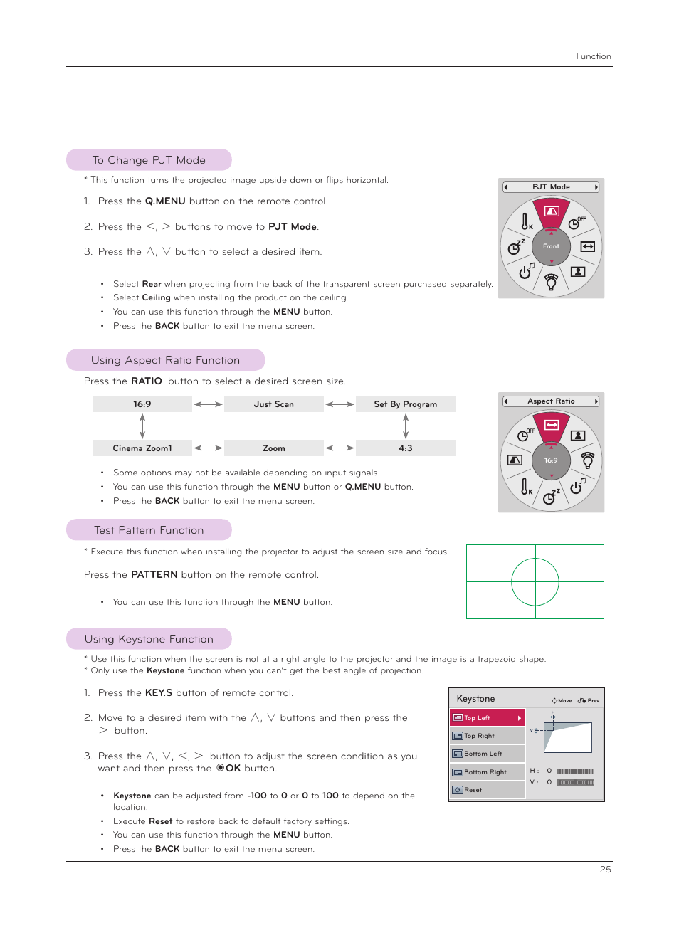 To change pjt mode, Using aspect ratio function, Test pattern function | Using keystone function | LG CF3D User Manual | Page 25 / 40