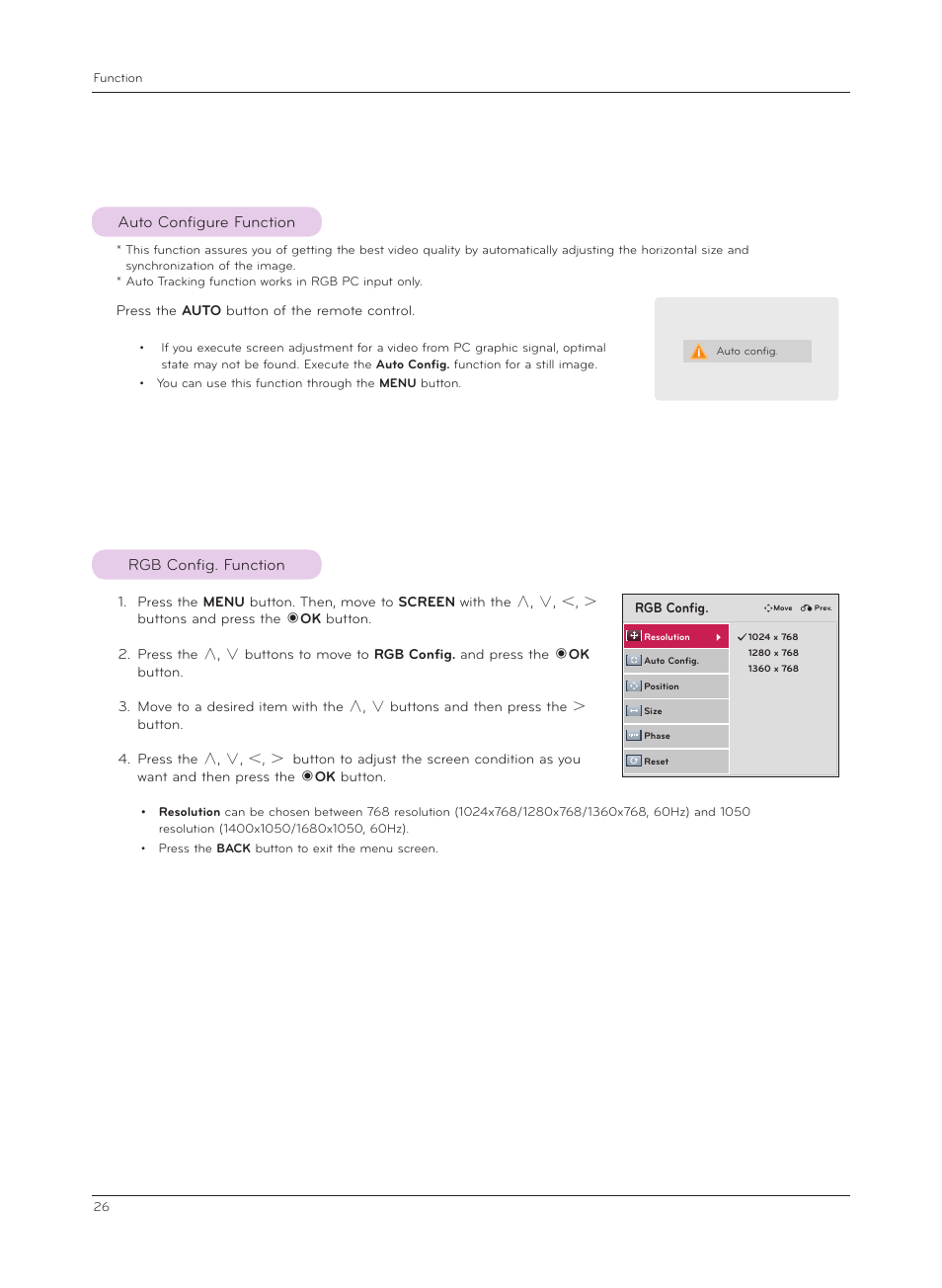 Auto configure function, Rgb config. function | LG CF3D User Manual | Page 26 / 40