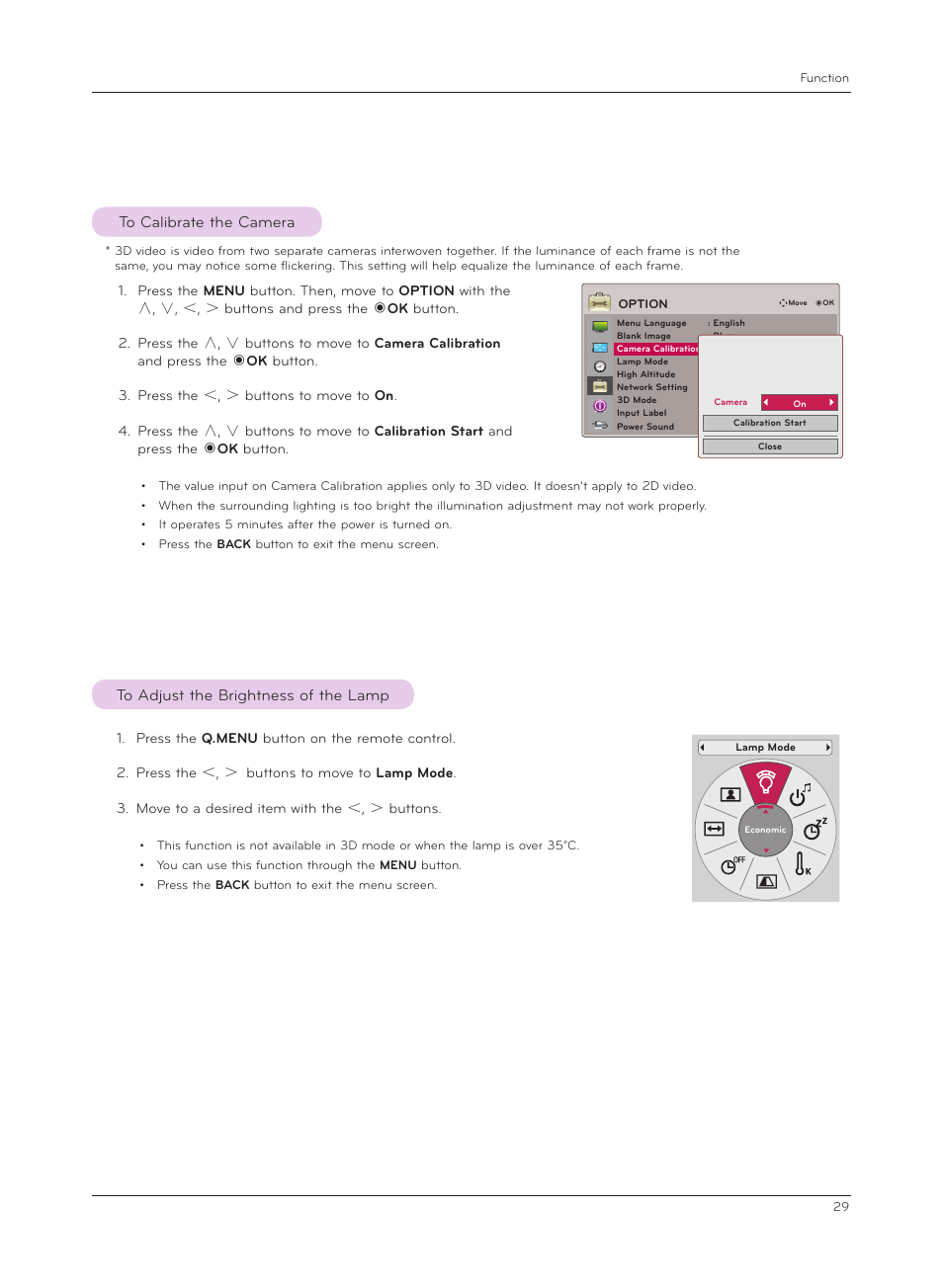 To calibrate the camera, To adjust the brightness of the lamp | LG CF3D User Manual | Page 29 / 40