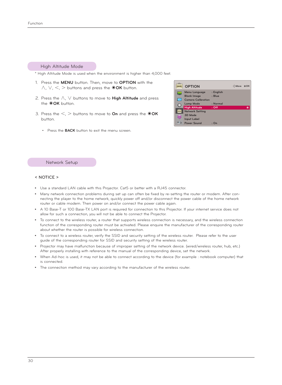 High altitude mode, Network setup | LG CF3D User Manual | Page 30 / 40