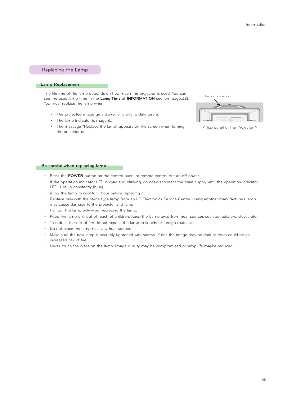 Replacing the lamp | LG CF3D User Manual | Page 35 / 40