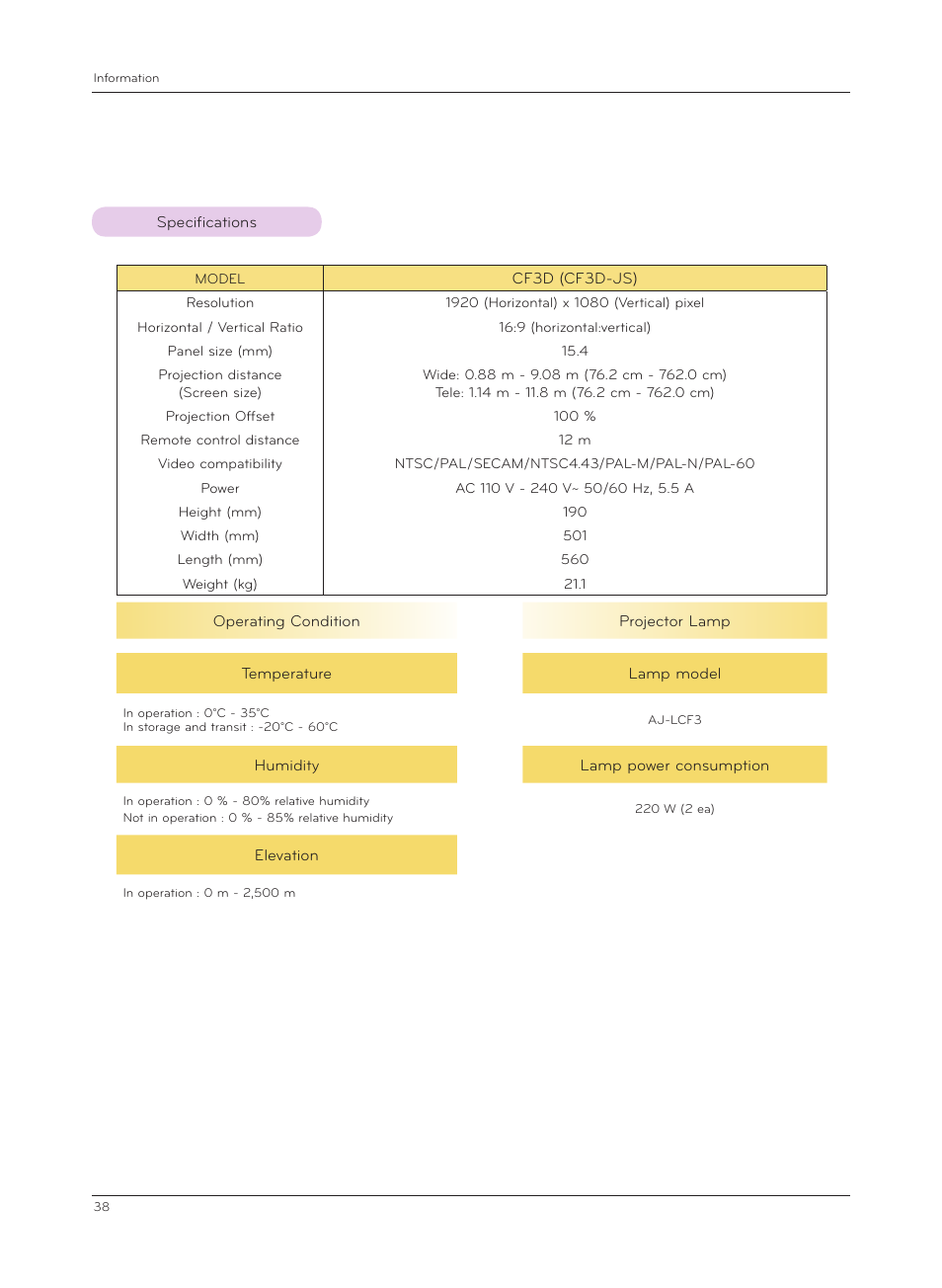 Specifications | LG CF3D User Manual | Page 38 / 40