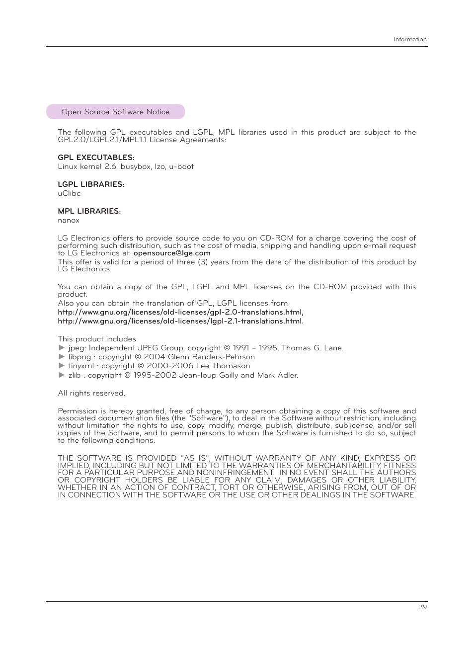 Open source software notice | LG CF3D User Manual | Page 39 / 40