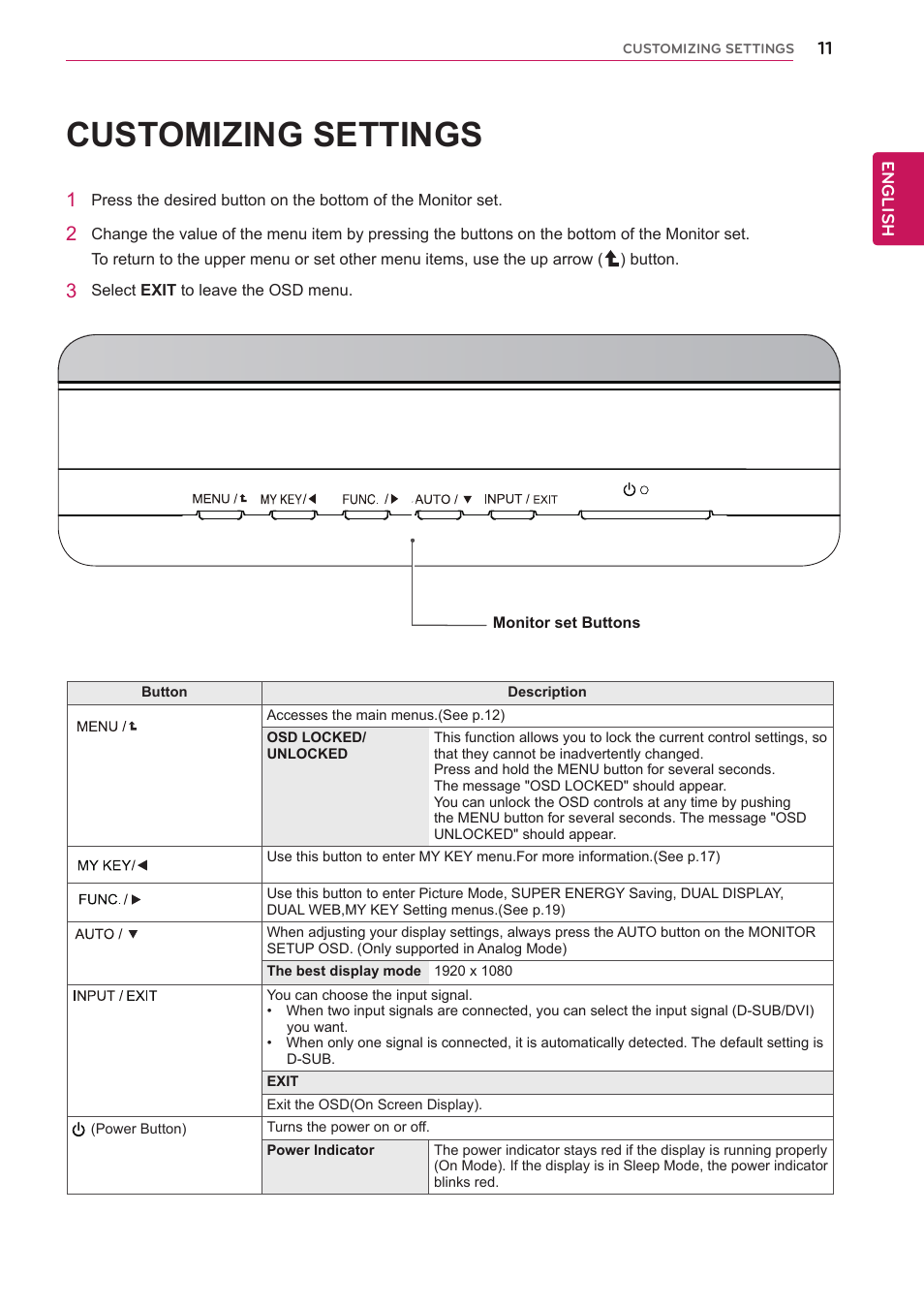 Customizing settings | LG 22EA53T-P User Manual | Page 11 / 29