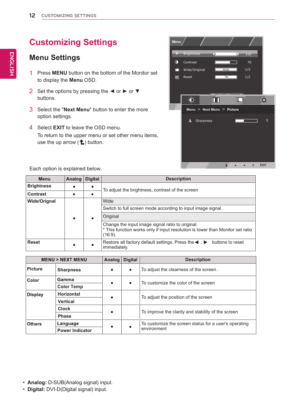 Customizing settings, Menu settings, English | LG 22EA53T-P User Manual | Page 12 / 29