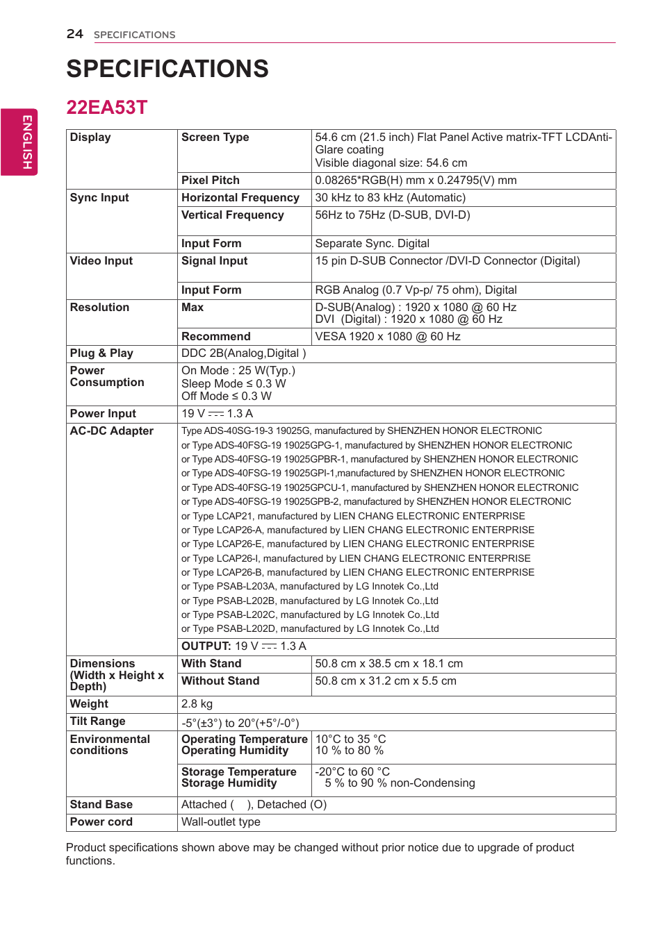 Specifications, 22ea53t | LG 22EA53T-P User Manual | Page 24 / 29