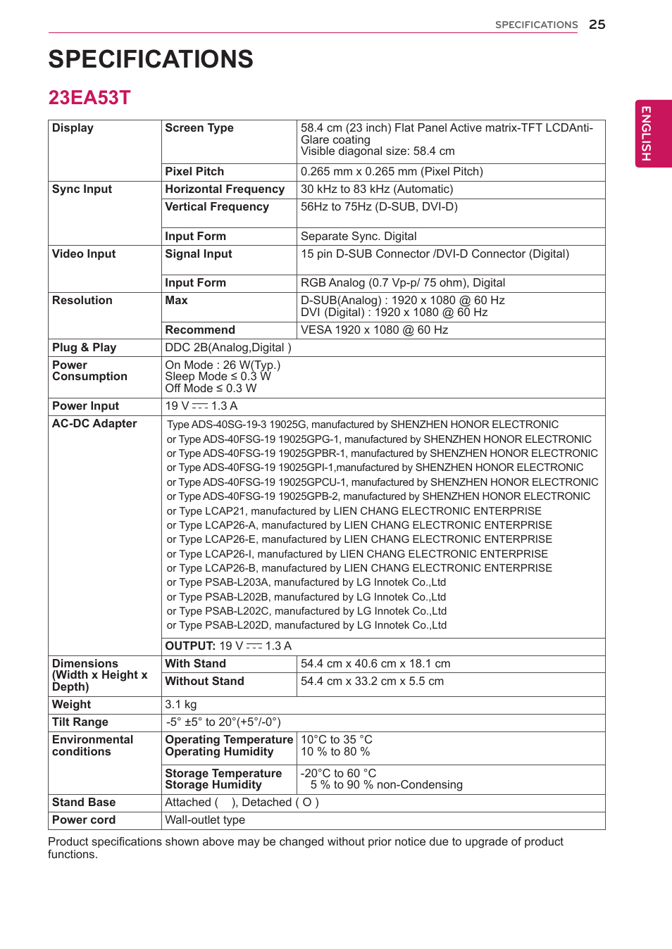 23ea53t, Specifications | LG 22EA53T-P User Manual | Page 25 / 29