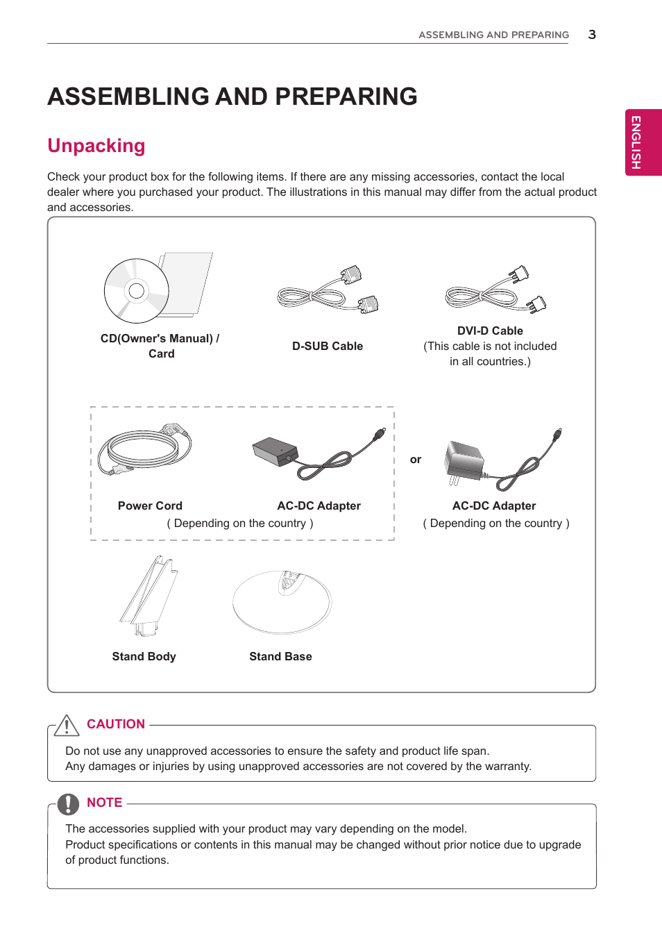 Assembling and preparing, Unpacking | LG 22EA53T-P User Manual | Page 3 / 29