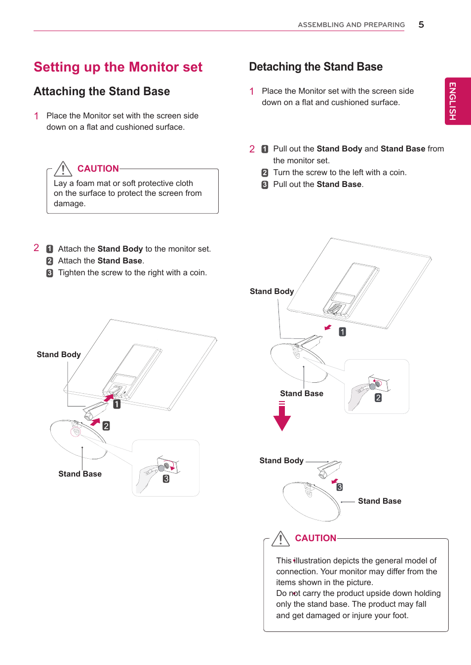 Setting up the monitor set, Attaching the stand base, Detaching the stand base | LG 22EA53T-P User Manual | Page 5 / 29