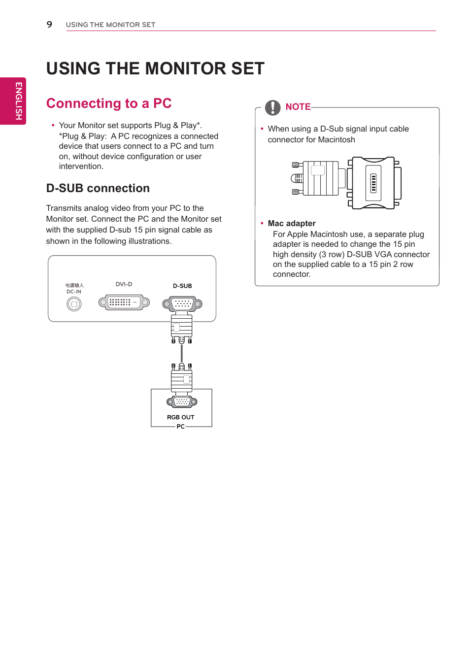 Using the monitor set, Connecting to a pc, D-sub connection | LG 22EA53T-P User Manual | Page 9 / 29