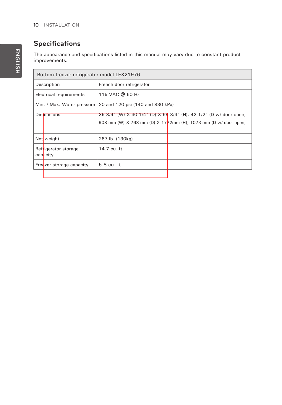 Specifications | LG LFX21976ST User Manual | Page 10 / 164
