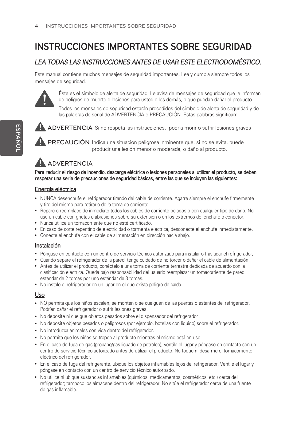Instrucciones importantes sobre seguridad, Advertencia, Precaución | LG LFX21976ST User Manual | Page 112 / 164