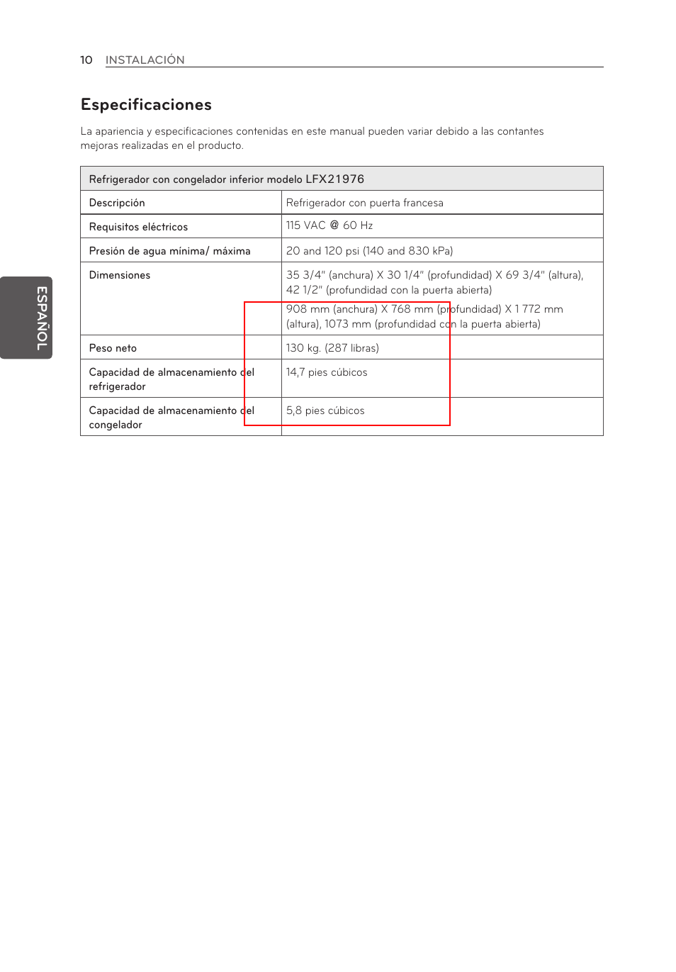 Especificaciones | LG LFX21976ST User Manual | Page 118 / 164