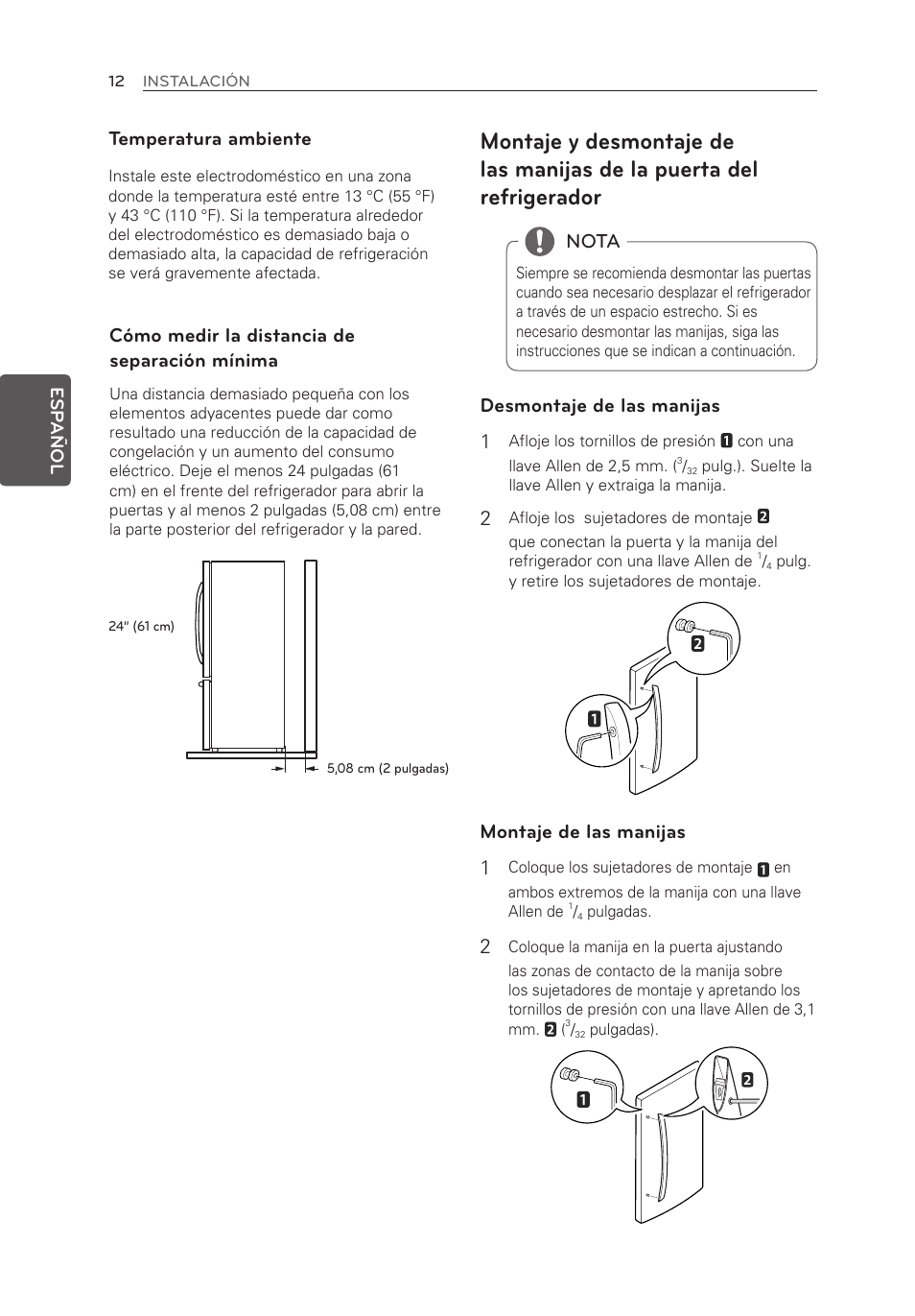 Temperatura ambiente, Cómo medir la distancia de separación mínima, Desmontaje de las manijas 1 | Montaje de las manijas 1, Nota | LG LFX21976ST User Manual | Page 120 / 164