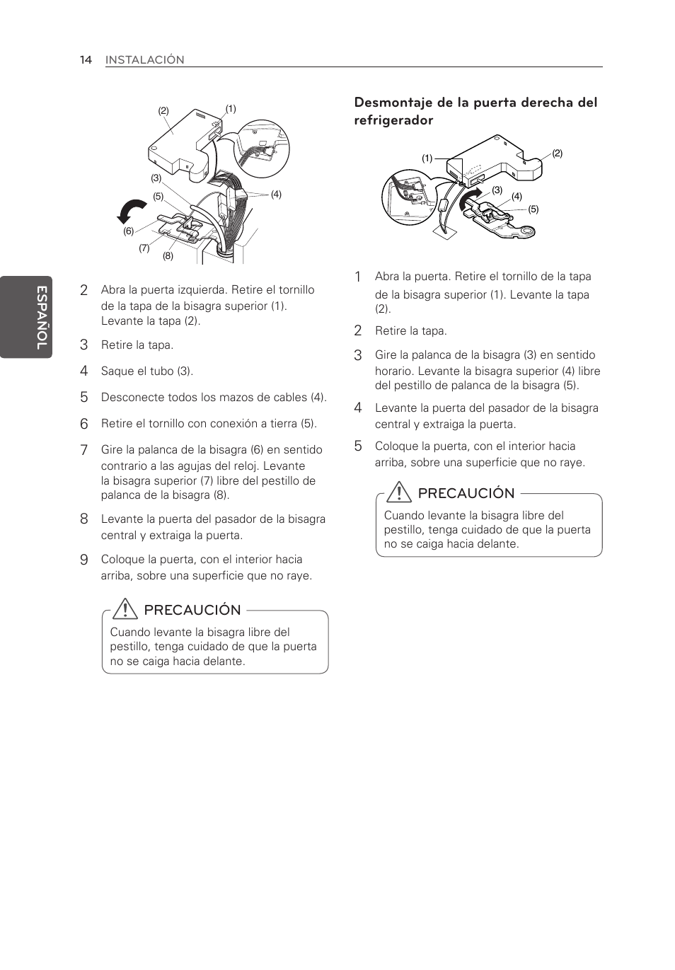 Precaución, Desmontaje de la puerta derecha del refrigerador 1 | LG LFX21976ST User Manual | Page 122 / 164