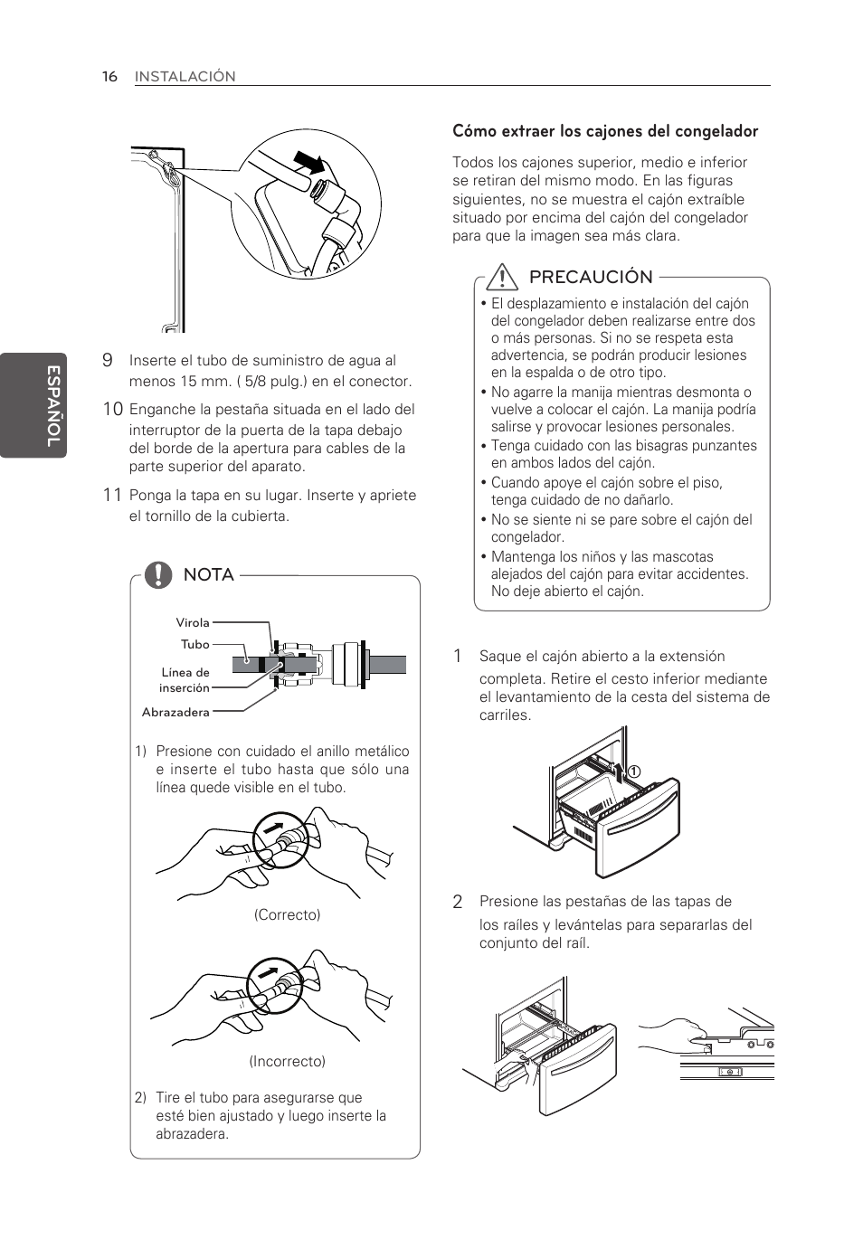 Precaución, Nota, Cómo extraer los cajones del congelador | LG LFX21976ST User Manual | Page 124 / 164