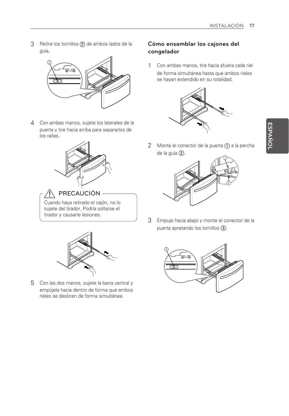 Precaución, Cómo ensamblar los cajones del congelador 1 | LG LFX21976ST User Manual | Page 125 / 164