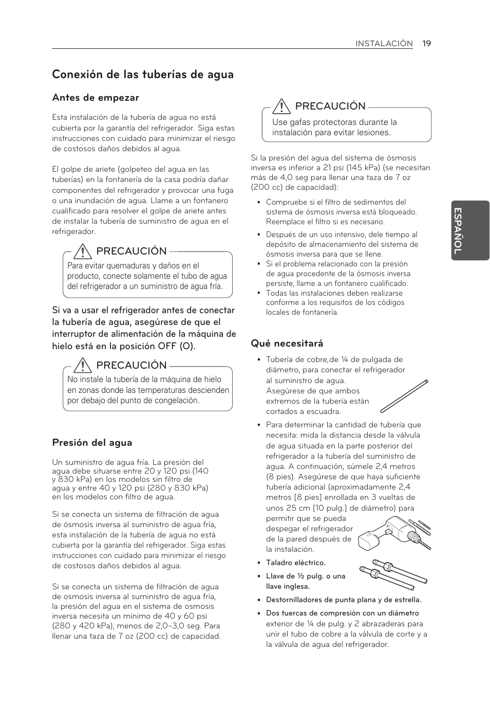 Conexión de las tuberías de agua, Precaución, Antes de empezar | Presión del agua, Qué necesitará | LG LFX21976ST User Manual | Page 127 / 164