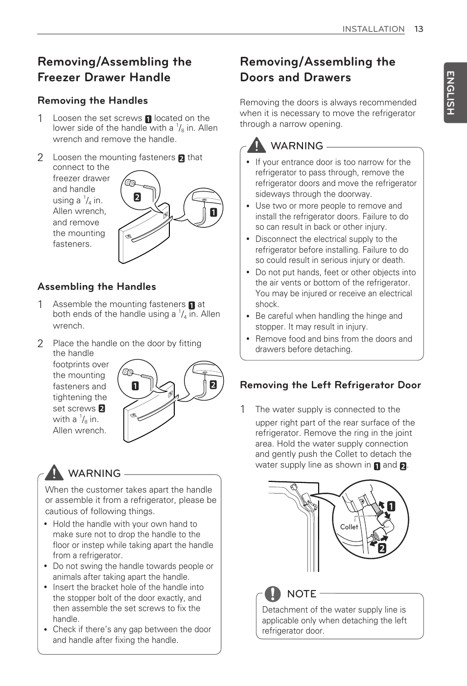 Removing/assembling the freezer drawer handle, Removing/assembling the doors and drawers, Removing the handles 1 | Assembling the handles 1, Removing the left refrigerator door 1, Warning | LG LFX21976ST User Manual | Page 13 / 164