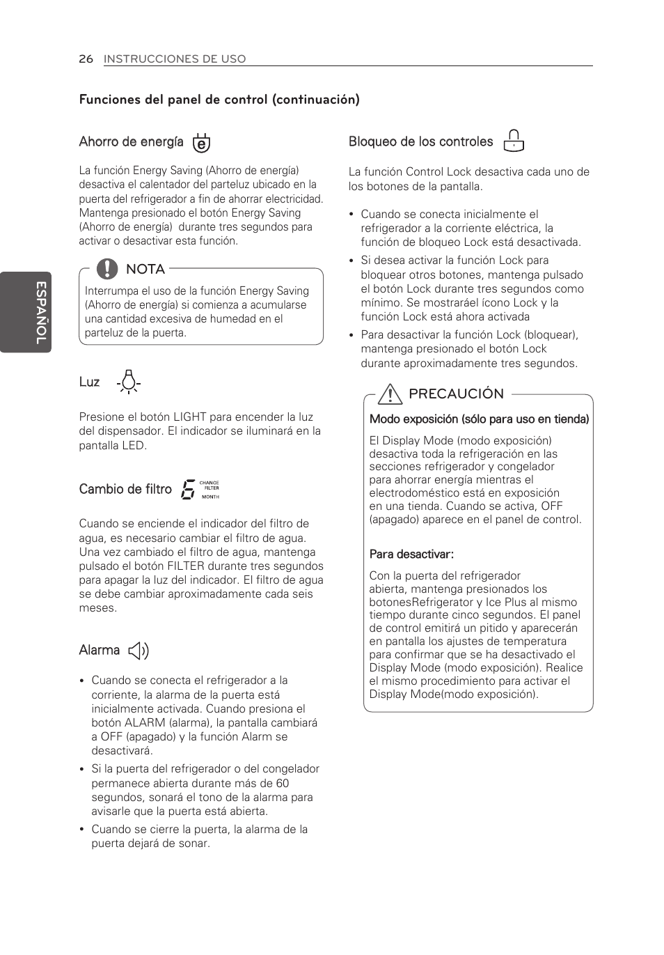 Funciones del panel de control (continuación), Nota, Precaución | LG LFX21976ST User Manual | Page 134 / 164