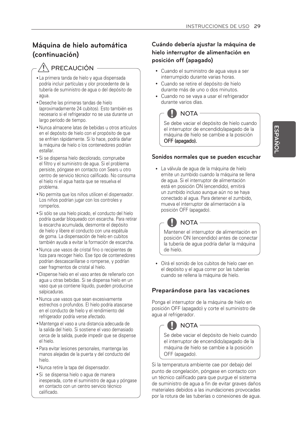 Máquina de hielo automática (continuación), Sonidos normales que se pueden escuchar, Preparándose para las vacaciones | Nota | LG LFX21976ST User Manual | Page 137 / 164