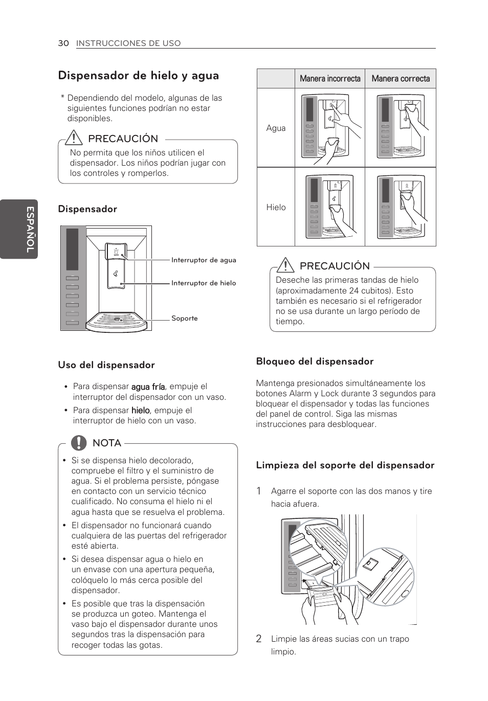 Dispensador de hielo y agua, Precaución, Dispensador uso del dispensador | Nota, Bloqueo del dispensador, Limpieza del soporte del dispensador 1 | LG LFX21976ST User Manual | Page 138 / 164