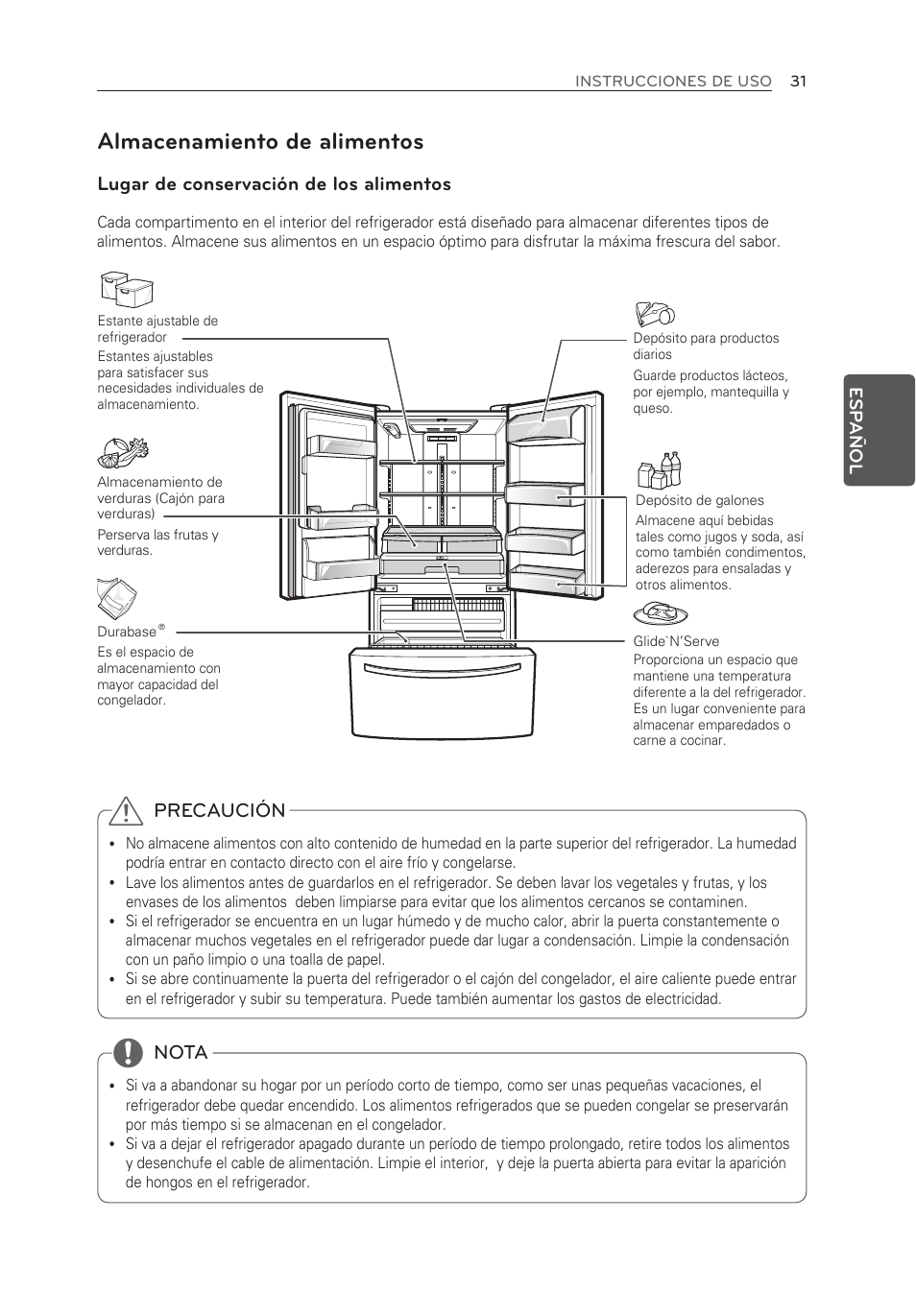 Almacenamiento de alimentos, Lugar de conservación de los alimentos, Precaución | Nota, Esp añol | LG LFX21976ST User Manual | Page 139 / 164