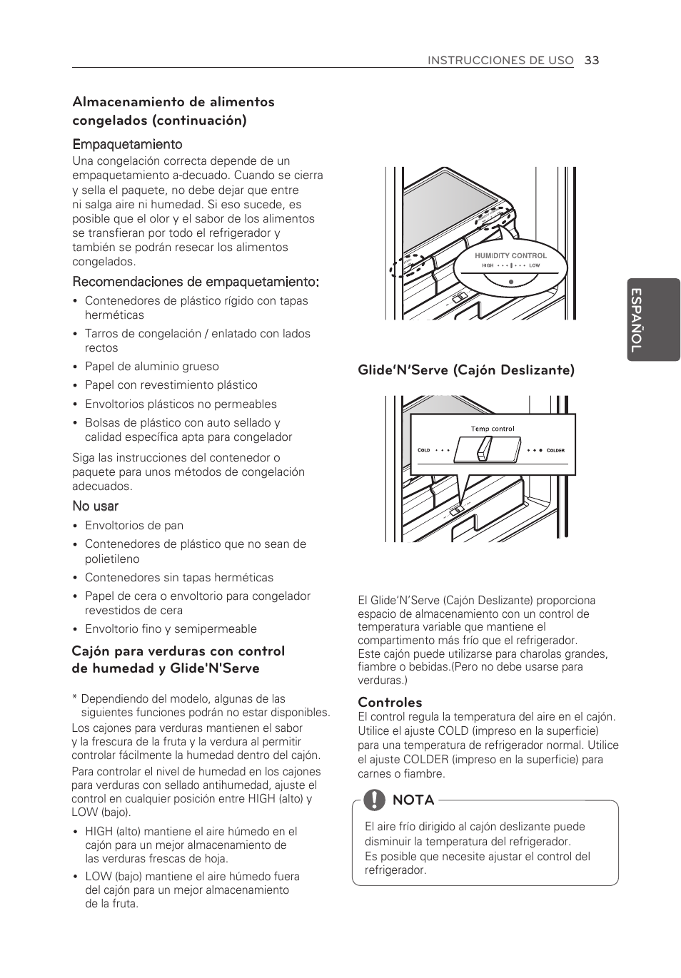 Glide‘n’serve (cajón deslizante), Controles, Nota | LG LFX21976ST User Manual | Page 141 / 164