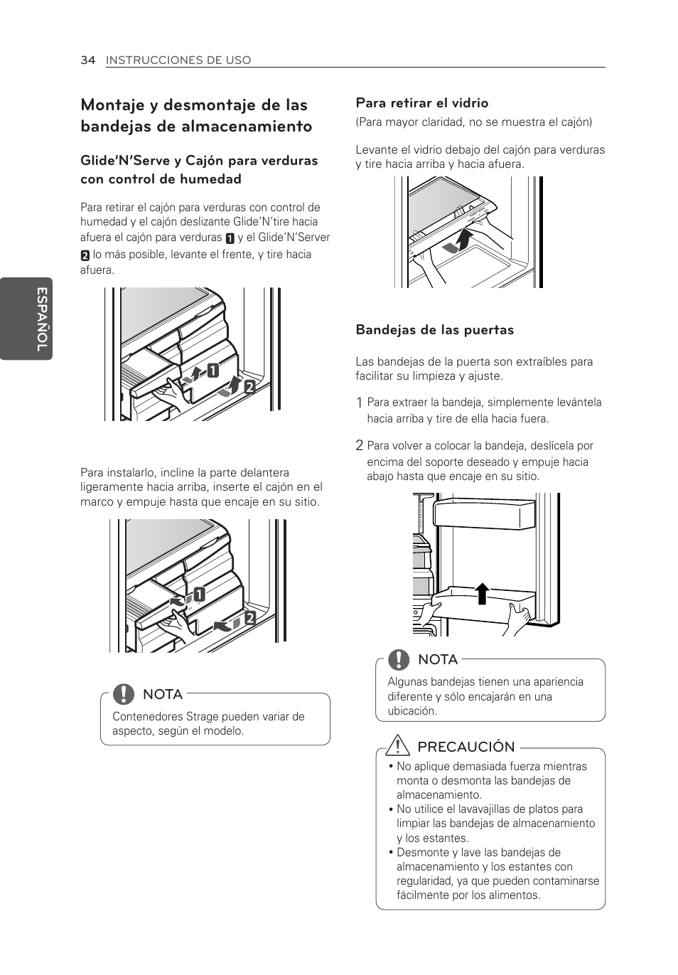 Para retirar el vidrio, Bandejas de las puertas, Nota | Precaución | LG LFX21976ST User Manual | Page 142 / 164