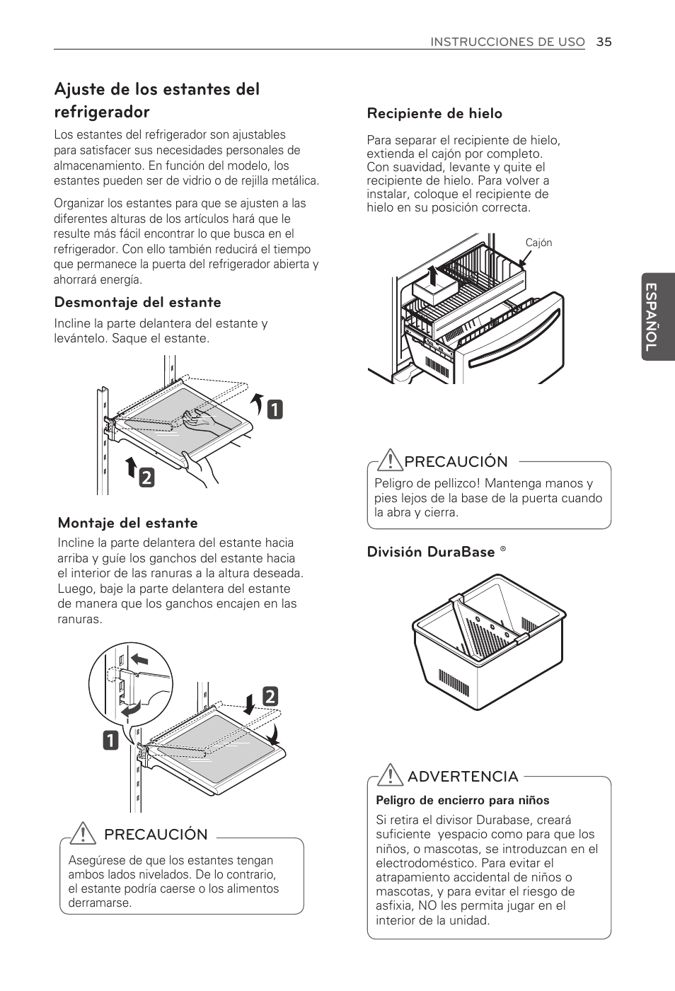 Ajuste de los estantes del refrigerador, Desmontaje del estante, Montaje del estante | Precaución, Recipiente de hielo división durabase, Advertencia | LG LFX21976ST User Manual | Page 143 / 164