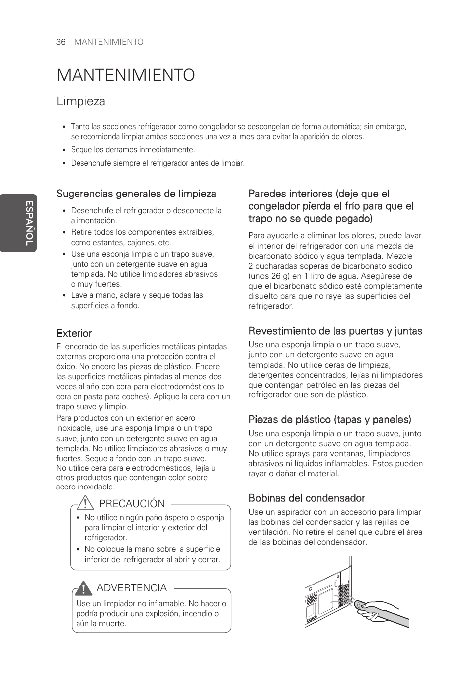 Mantenimiento, Limpieza, Sugerencias generales de limpieza | Exterior, Revestimiento de las puertas y juntas, Piezas de plástico (tapas y paneles), Bobinas del condensador, Precaución, Advertencia | LG LFX21976ST User Manual | Page 144 / 164