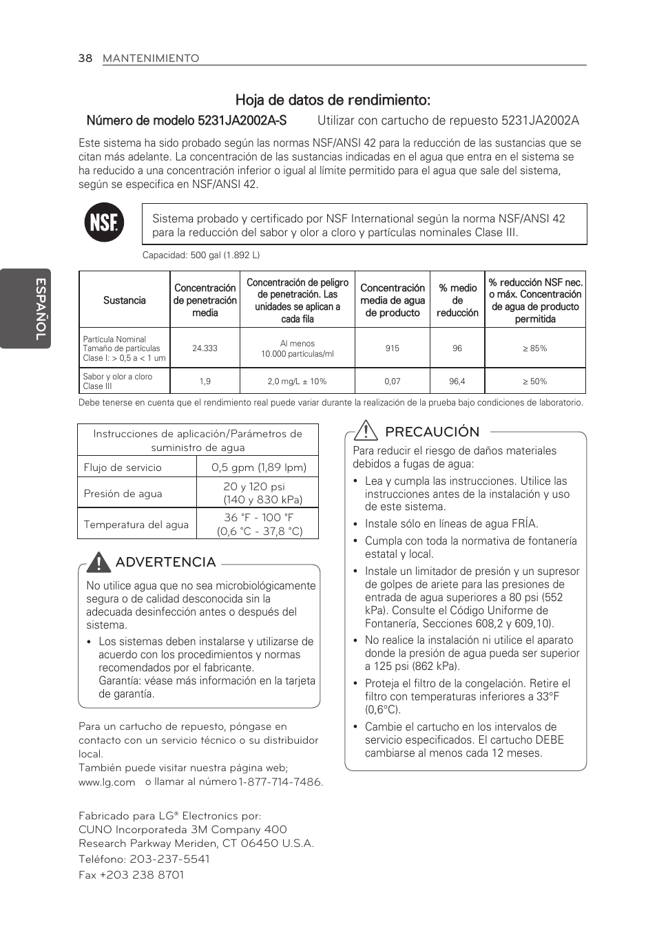 Hoja de datos de rendimiento, Precaución, Advertencia | Esp añol | LG LFX21976ST User Manual | Page 146 / 164