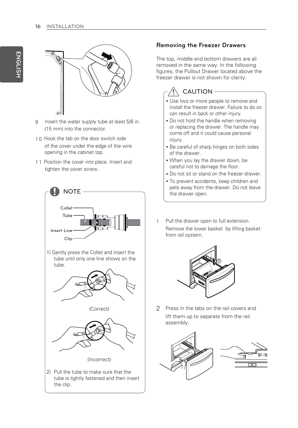 Caution, Removing the freezer drawers | LG LFX21976ST User Manual | Page 16 / 164