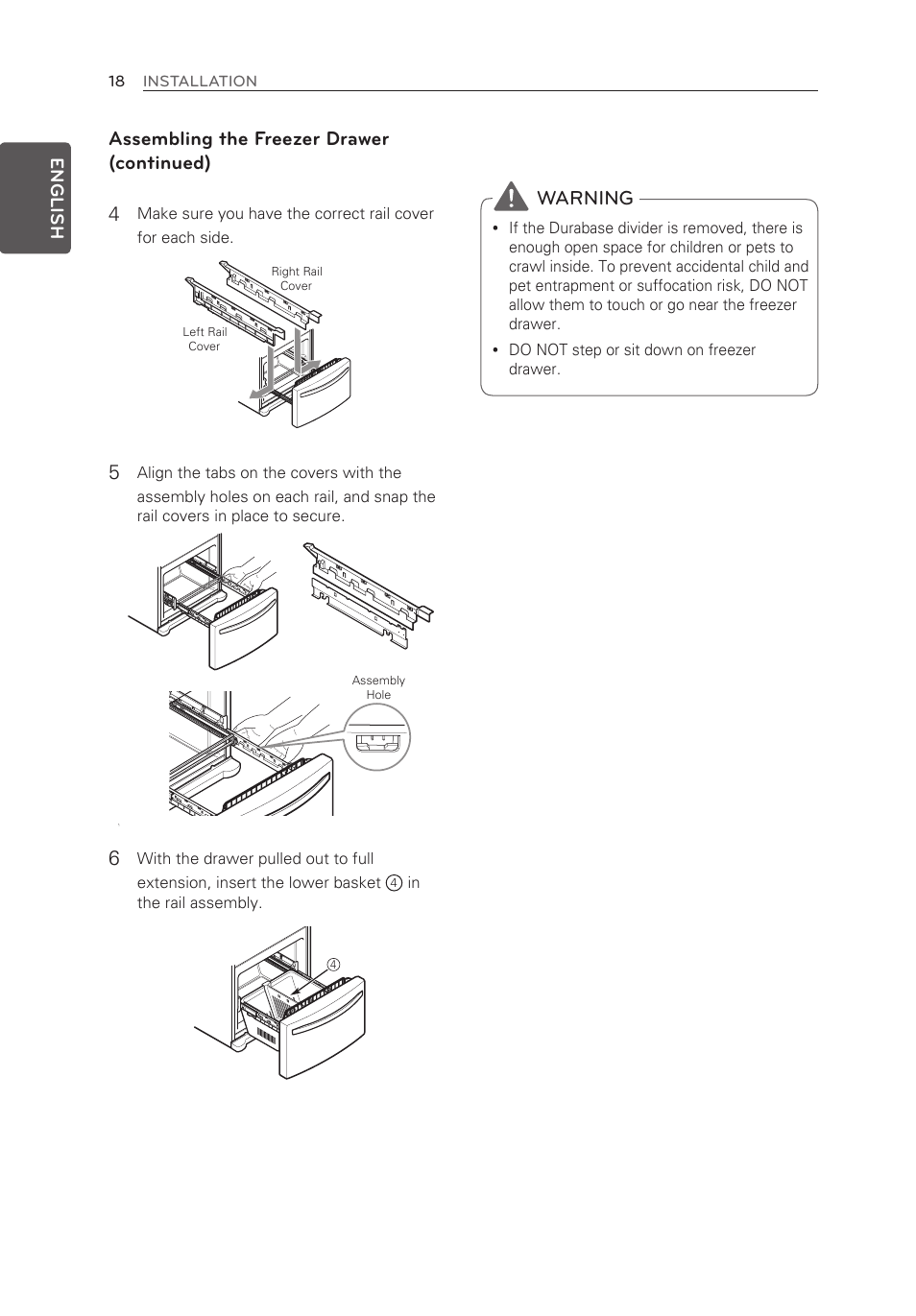 Assembling the freezer drawer (continued) 4, Warning | LG LFX21976ST User Manual | Page 18 / 164