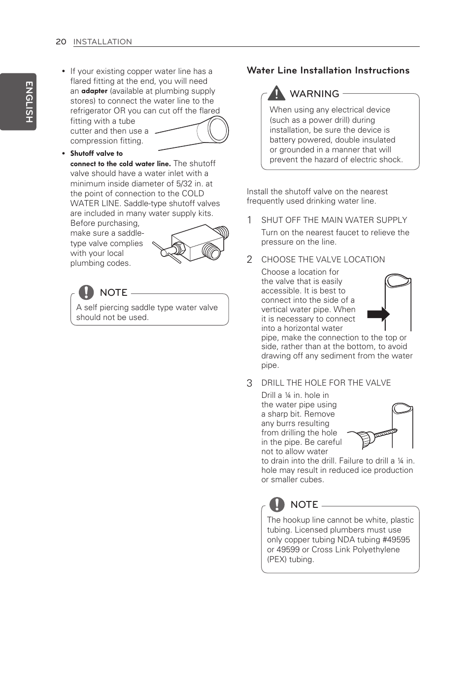 Water line installation instructions, Warning | LG LFX21976ST User Manual | Page 20 / 164