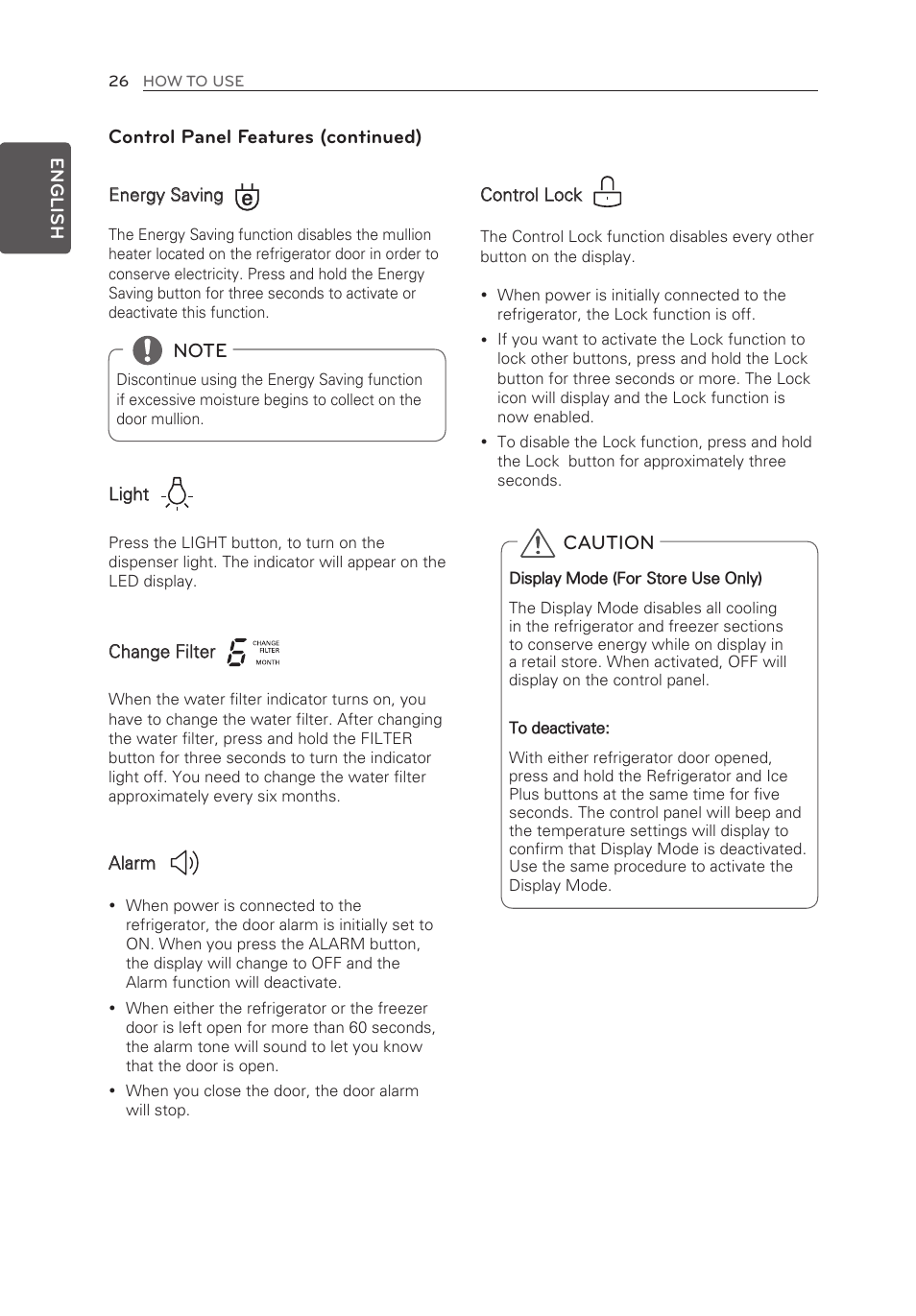 Control panel features (continued), Caution | LG LFX21976ST User Manual | Page 26 / 164