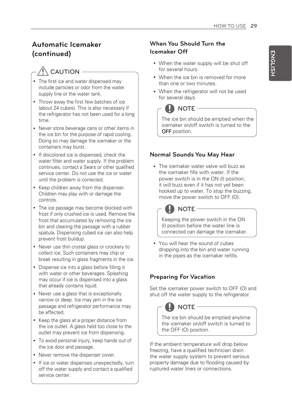 Automatic icemaker (continued), Caution when you should turn the icemaker off, Normal sounds you may hear | Preparing for vacation | LG LFX21976ST User Manual | Page 29 / 164