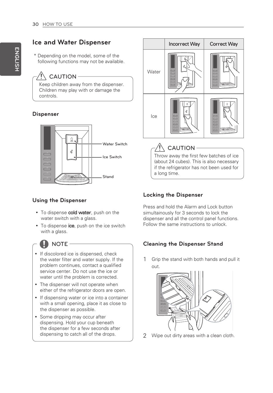 Ice and water dispenser, Caution, Dispenser | Using the dispenser, Locking the dispenser, Cleaning the dispenser stand 1 | LG LFX21976ST User Manual | Page 30 / 164
