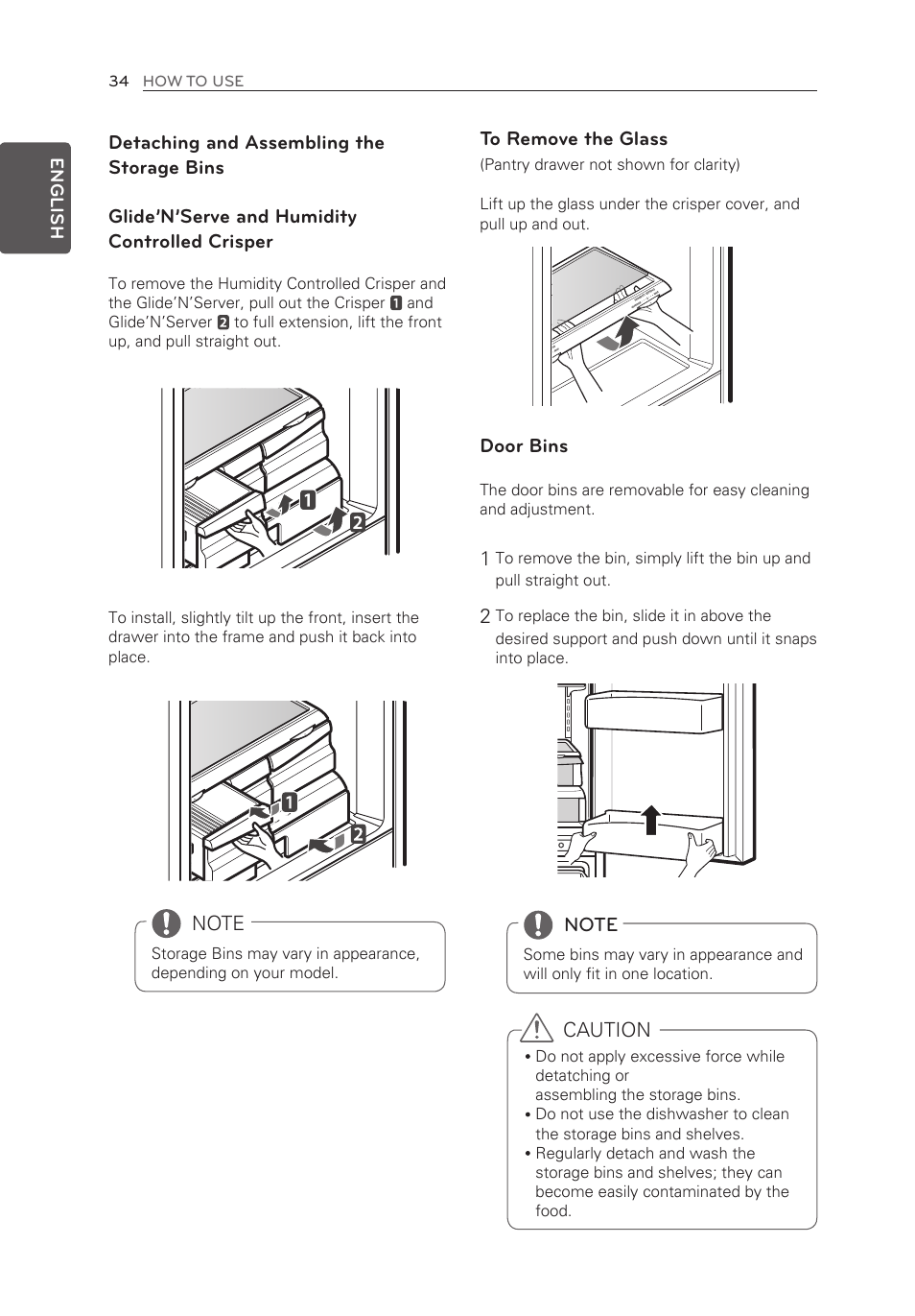 Door bins, Caution | LG LFX21976ST User Manual | Page 34 / 164