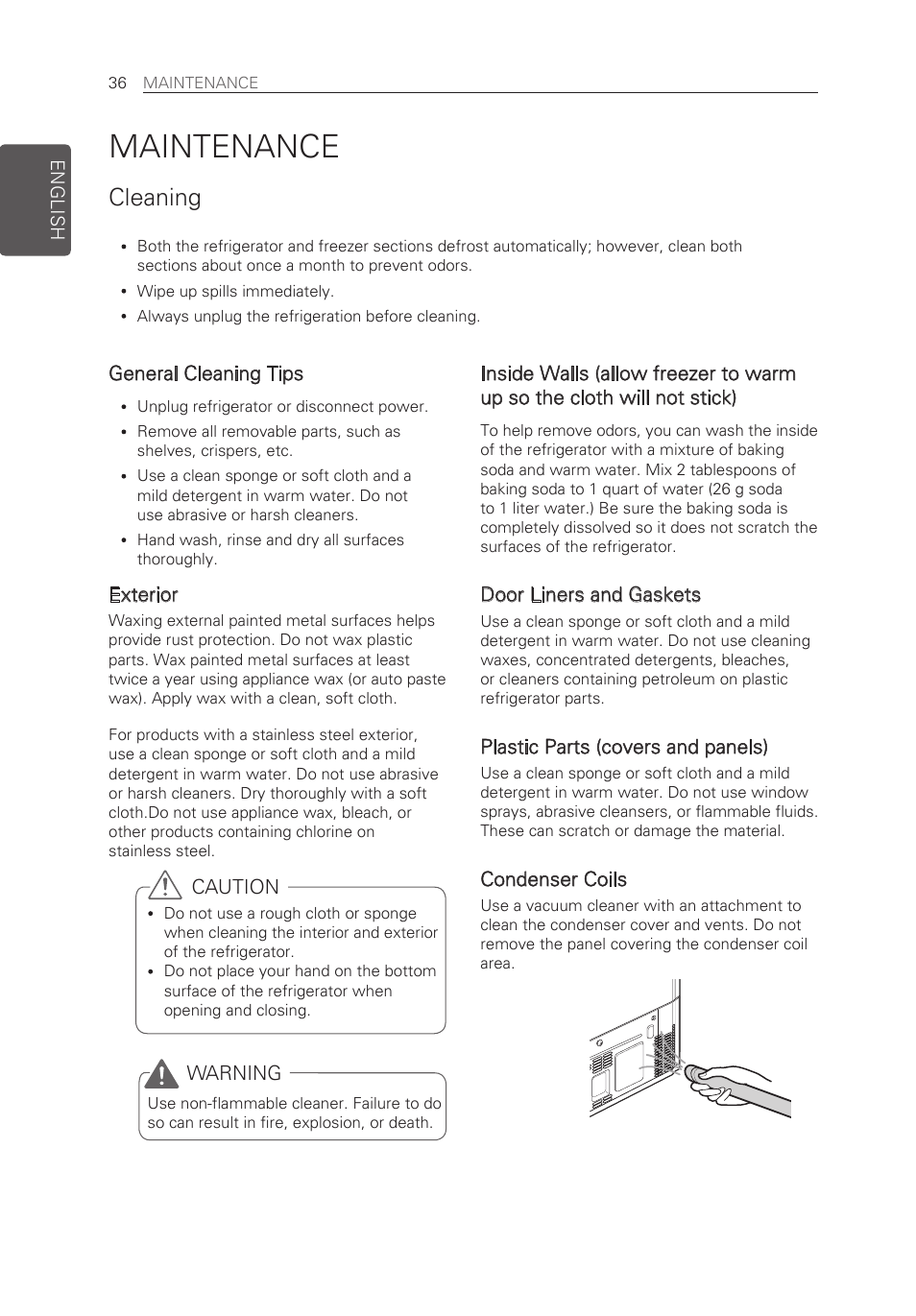 Maintenance, Cleaning, General cleaning tips | Exterior, Door liners and gaskets, Plastic parts (covers and panels), Condenser coils, Caution, Warning | LG LFX21976ST User Manual | Page 36 / 164