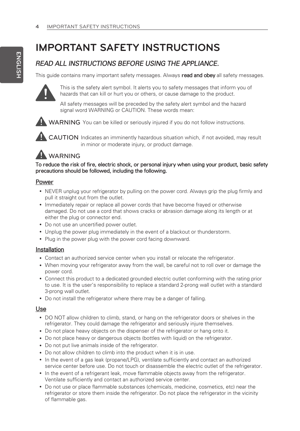 Important safety instructions, Read all instructions before using the appliance, Warning | Caution | LG LFX21976ST User Manual | Page 4 / 164