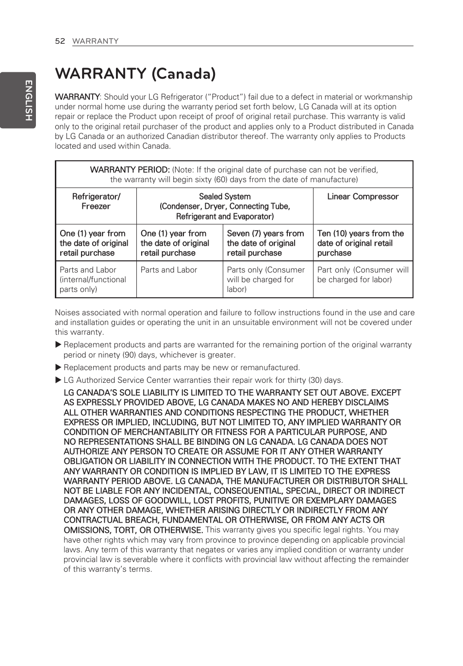 Warranty (canada) | LG LFX21976ST User Manual | Page 52 / 164