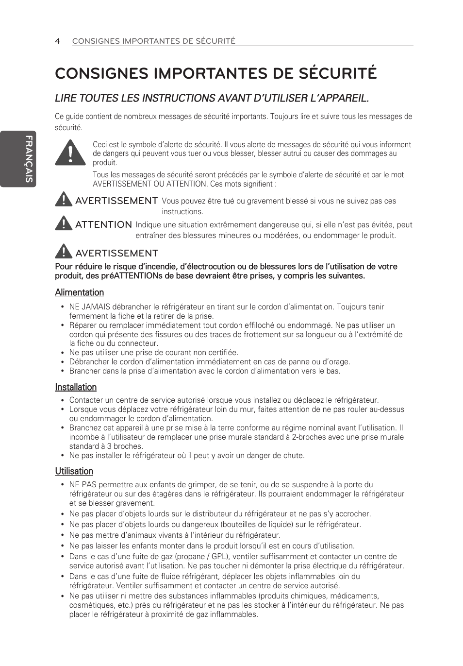 Consignes importantes de sécurité, Avertissement, Attention | LG LFX21976ST User Manual | Page 58 / 164