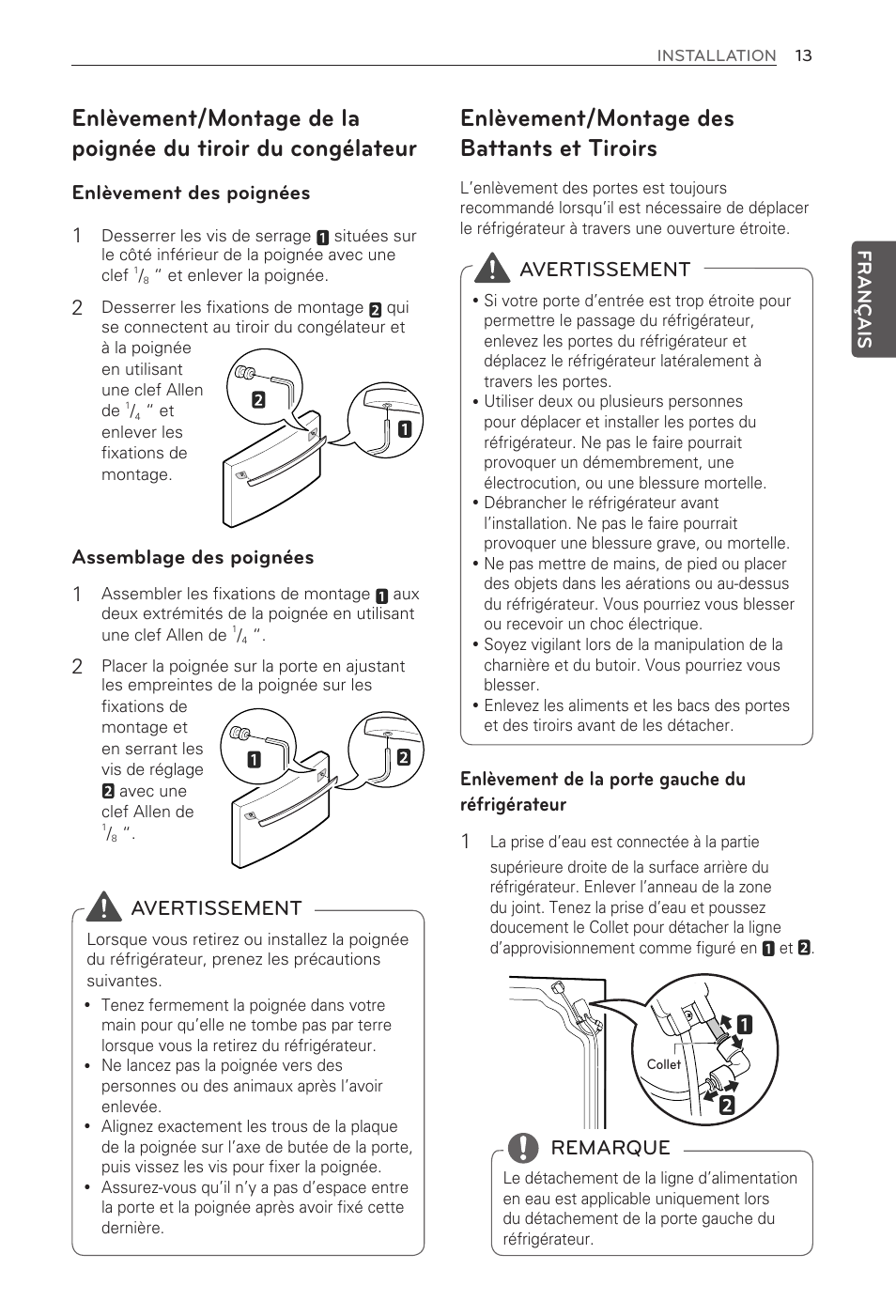 Enlèvement/montage des battants et tiroirs, Enlèvement des poignées 1, Assemblage des poignées 1 | Enlèvement de la porte gauche du réfrigérateur 1, Remarque, Avertissement | LG LFX21976ST User Manual | Page 67 / 164