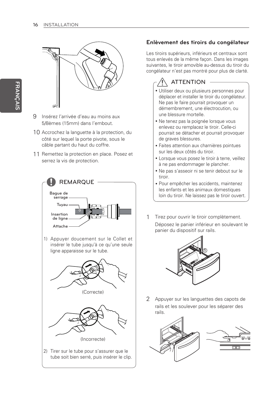 Attention, Remarque, Enlèvement des tiroirs du congélateur | LG LFX21976ST User Manual | Page 70 / 164
