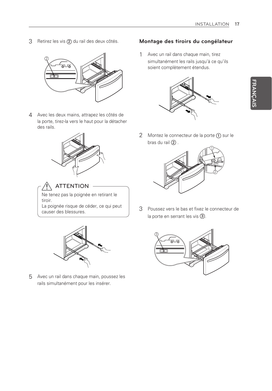 Attention, Montage des tiroirs du congélateur 1 | LG LFX21976ST User Manual | Page 71 / 164