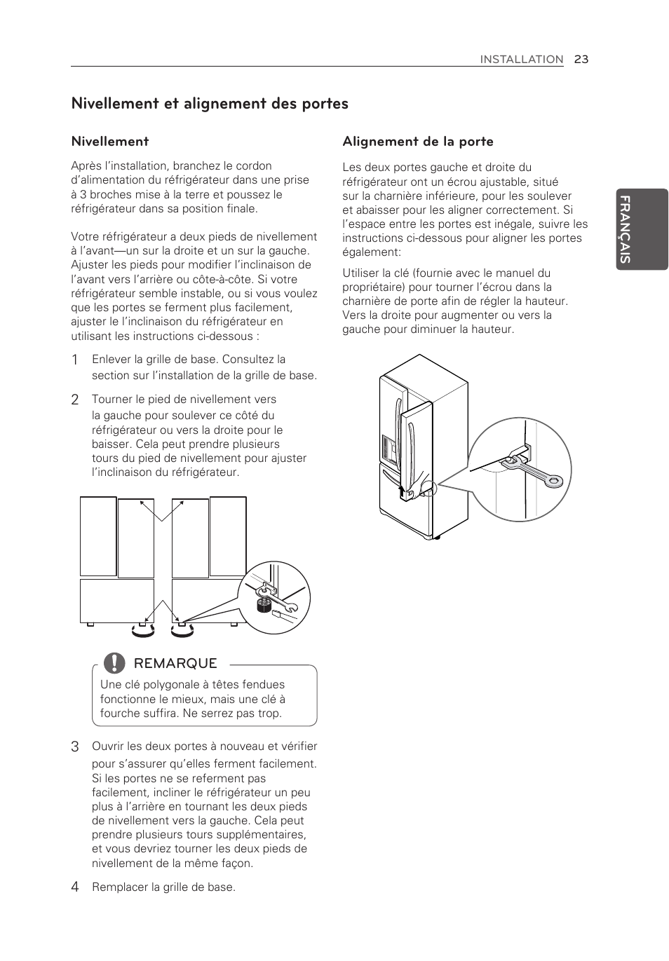Nivellement et alignement des portes | LG LFX21976ST User Manual | Page 77 / 164
