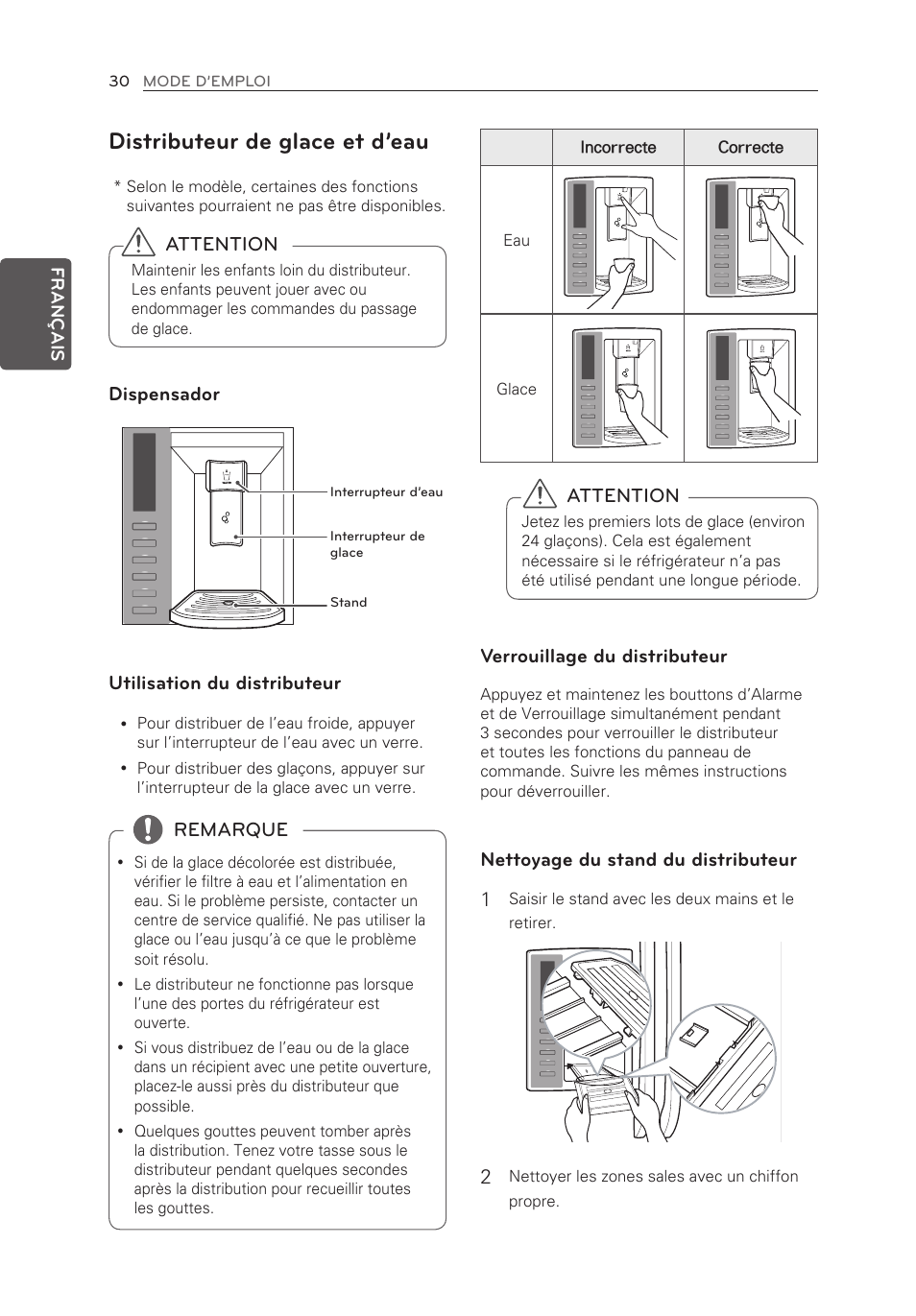Distributeur de glace et d’eau, Attention, Dispensador utilisation du distributeur | Remarque, Verrouillage du distributeur, Nettoyage du stand du distributeur 1 | LG LFX21976ST User Manual | Page 84 / 164
